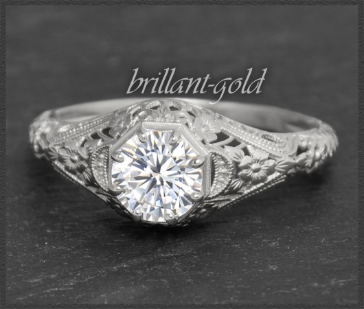 Diamant Ring, 0,91ct Solitär, 585 Weißgold, Jugendstil Design
